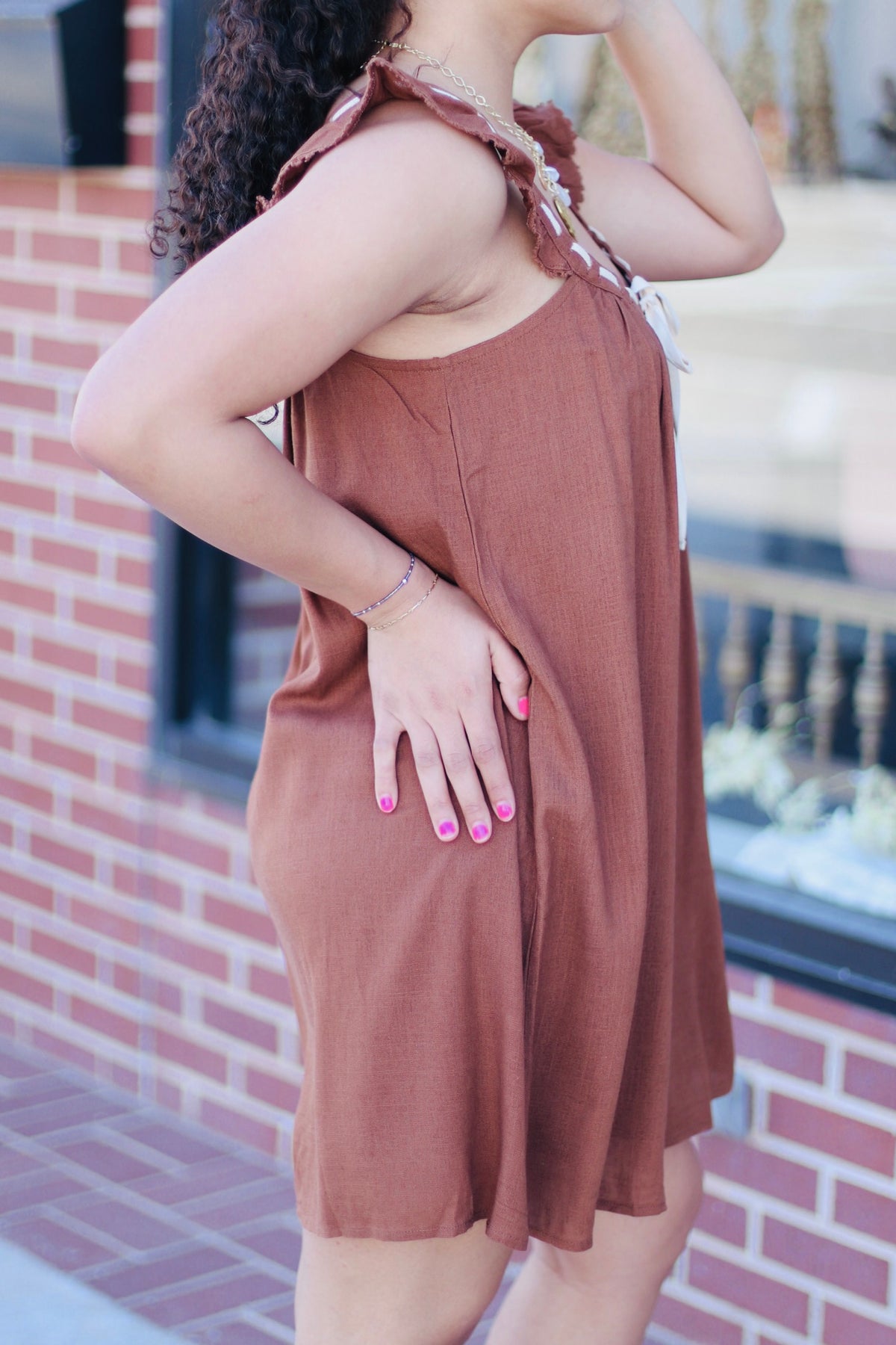 Front Tie Ruffle Sleeve Woven Mini Shift Dress Mocha