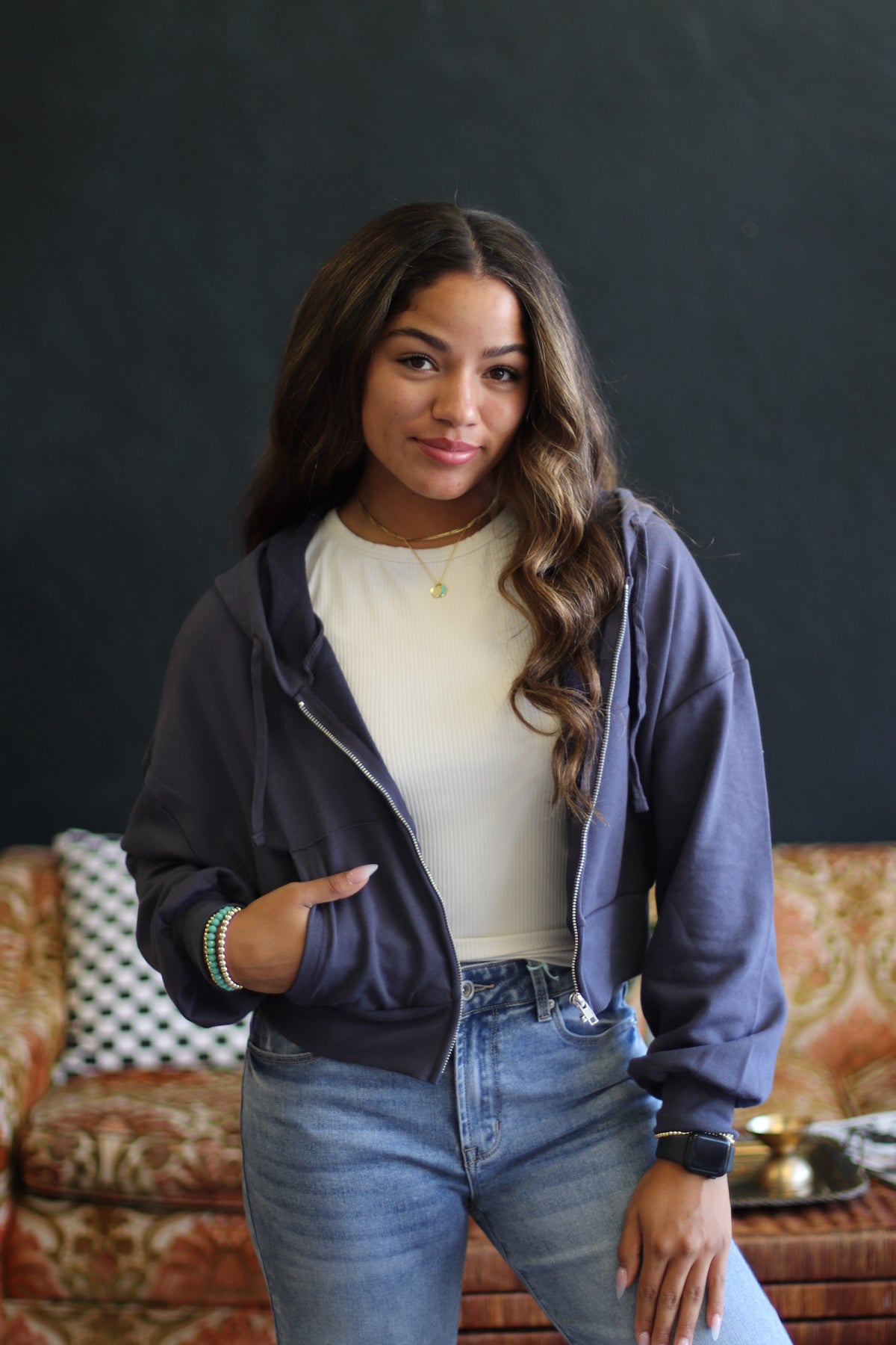 Casual Navy Zip Up Hoodie Jacket