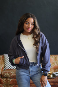 Casual Navy Zip Up Hoodie Jacket