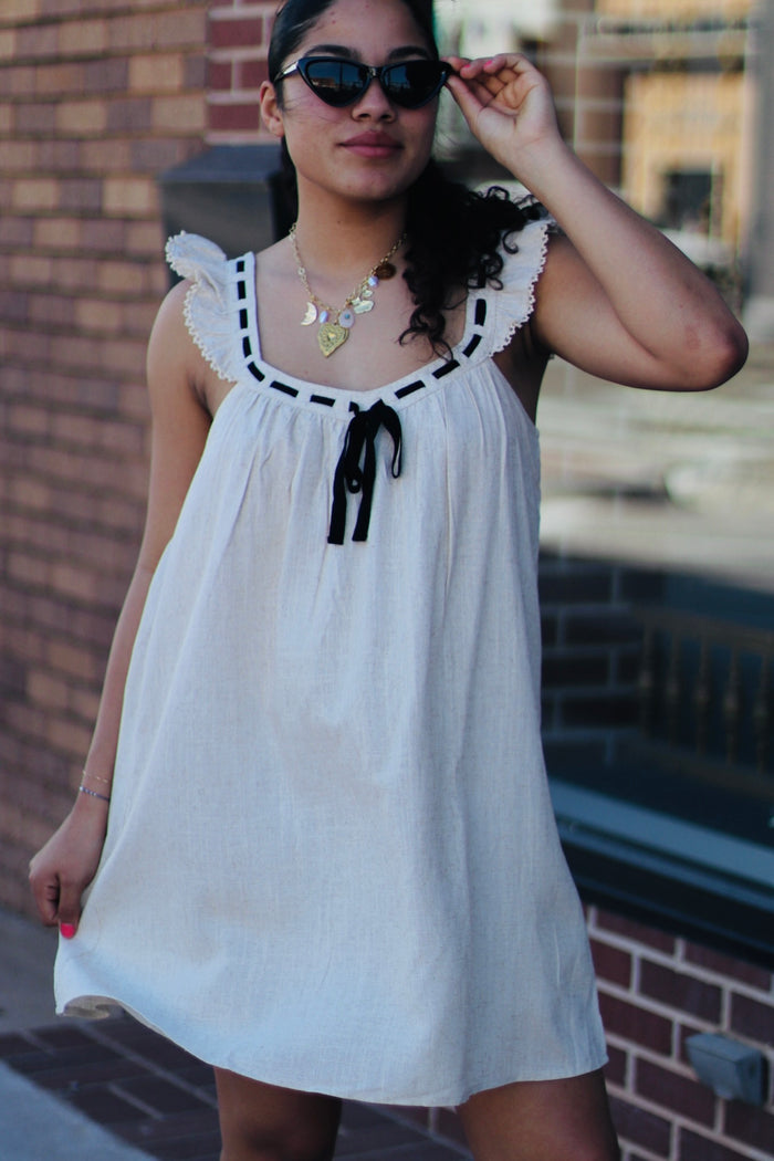 Front Tie Ruffle Sleeve Woven Mini Shift Dress Oat