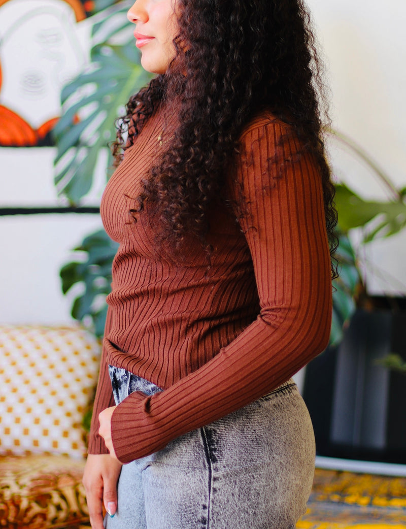 Fitted High Neck Sweater + Brown