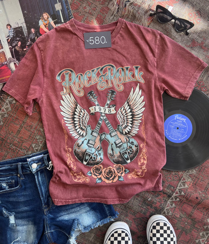 Rock & Roll Guitars Wine Mineral Wash Graphic Tee