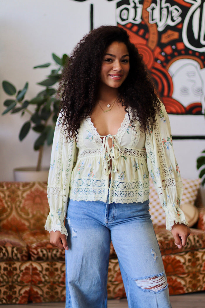 Cottage Core Cream Tie Blouse