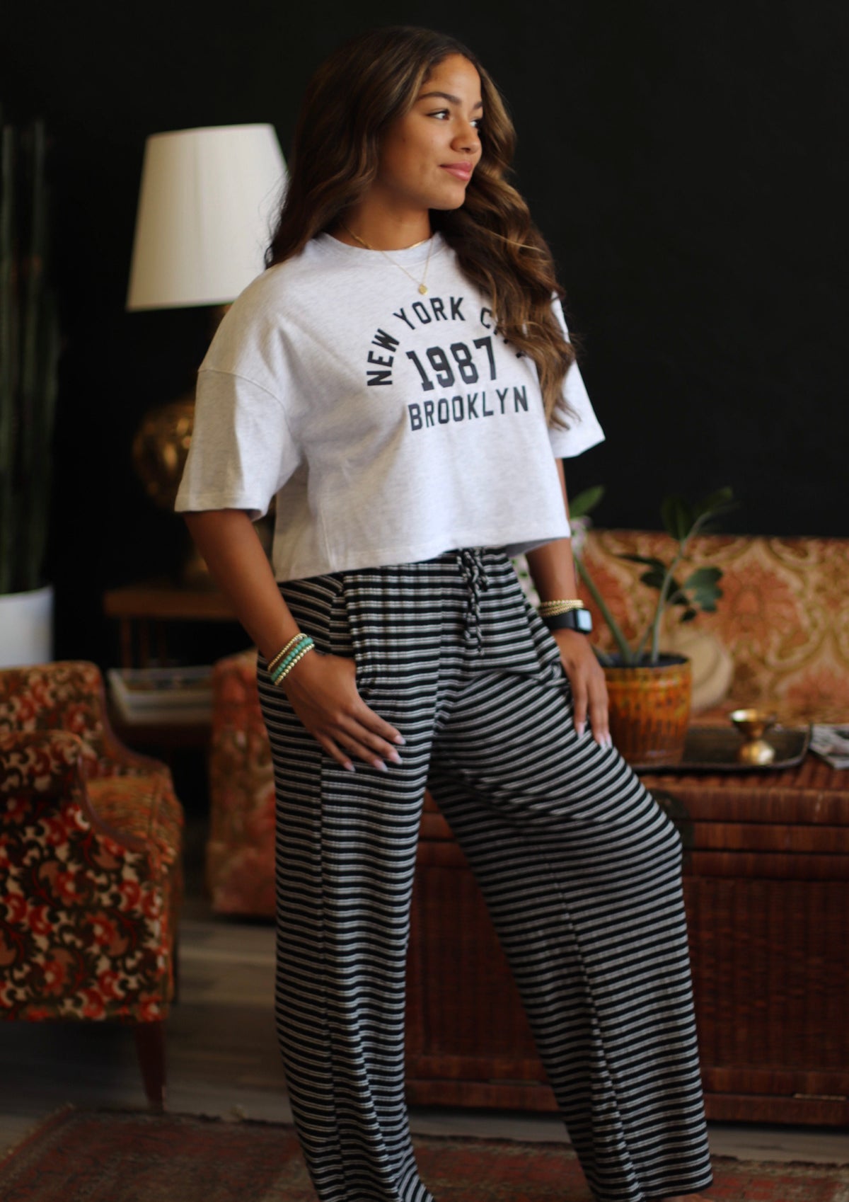 Black Striped Wide Leg Lounge Pants