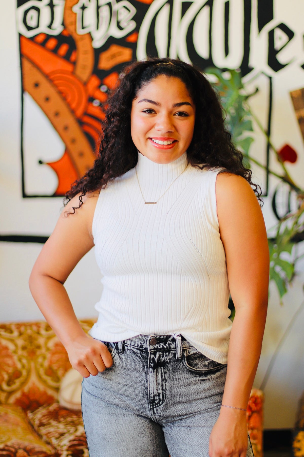 Sleeveless High Neck Ribbed Top + White