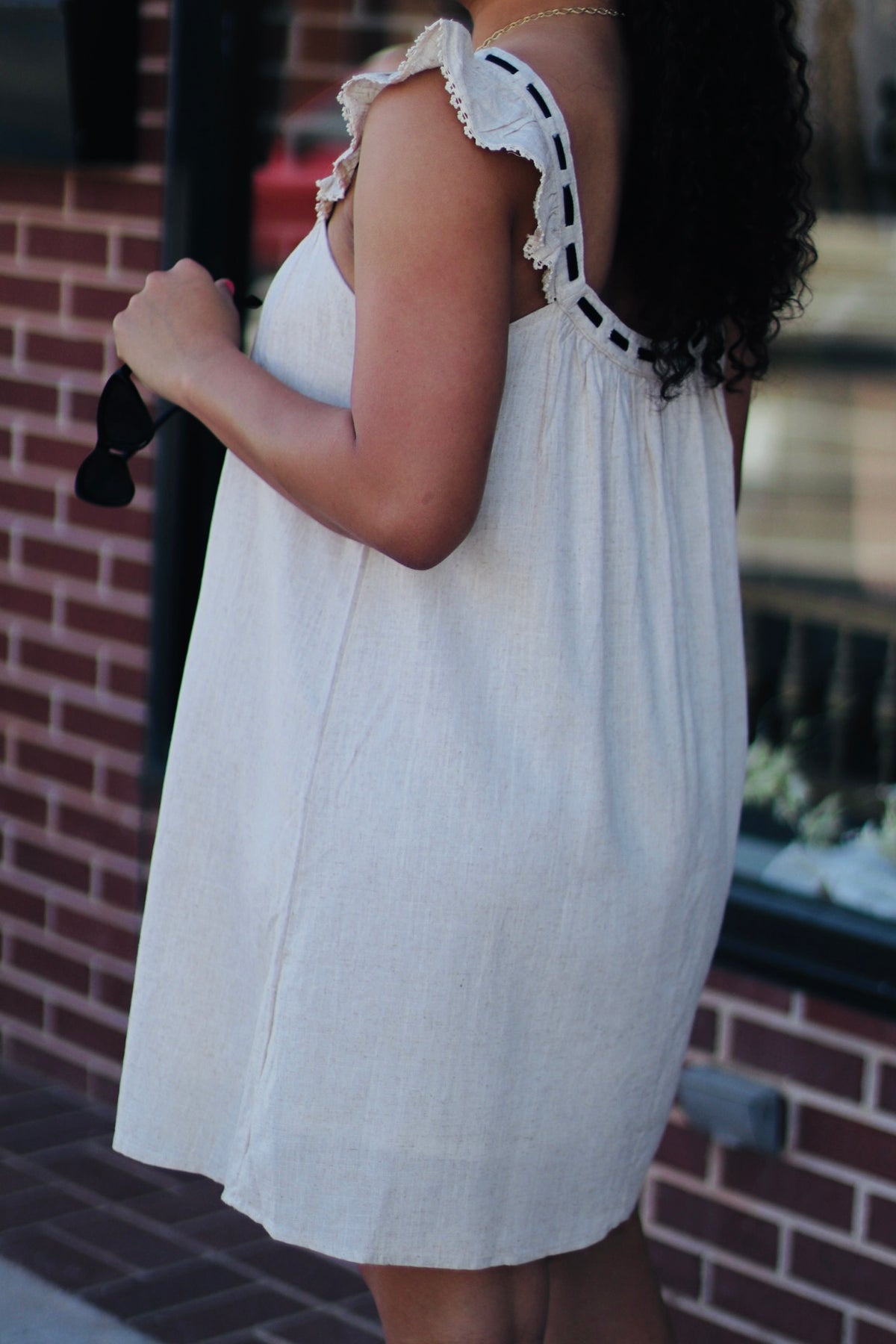 Front Tie Ruffle Sleeve Woven Mini Shift Dress Oat