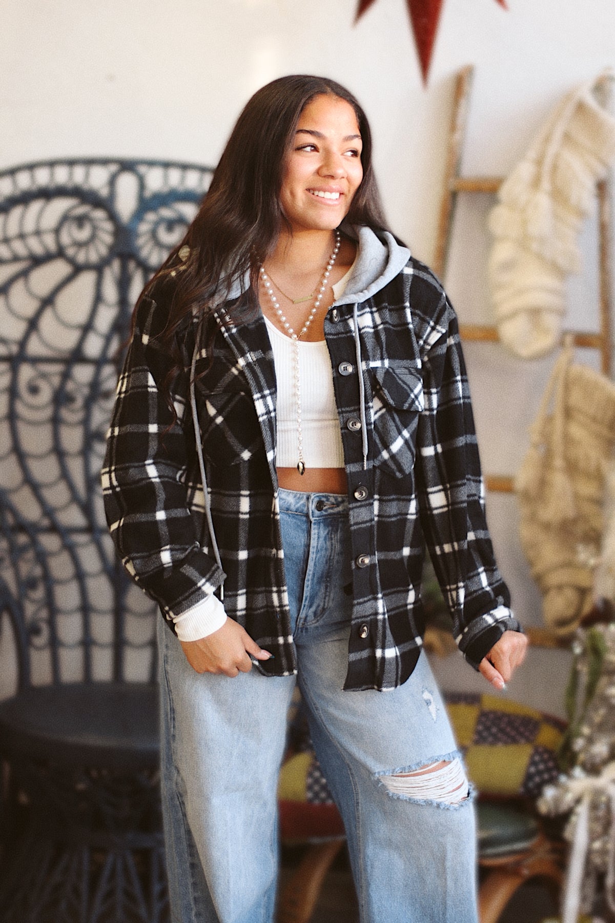 Plaid Hooded Shacket + Black | BF '25