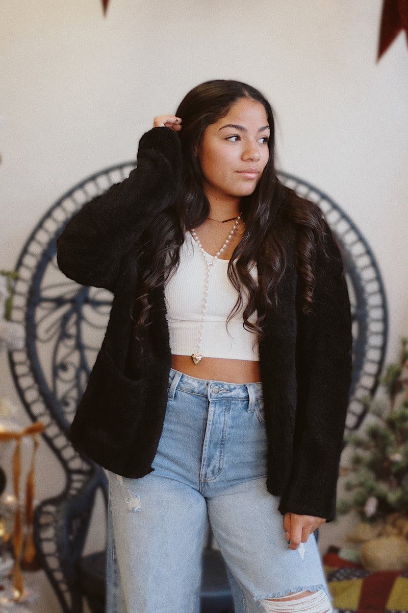 Teddy Hooded Jacket + Black | BF '25