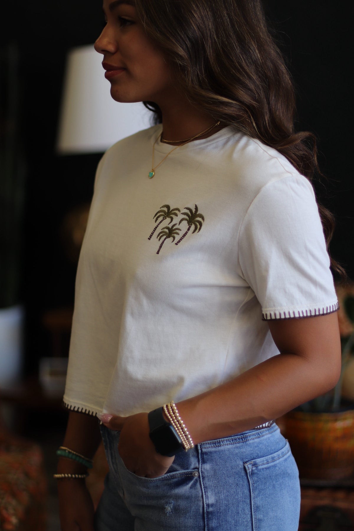 Palm Tree Embroidery Top