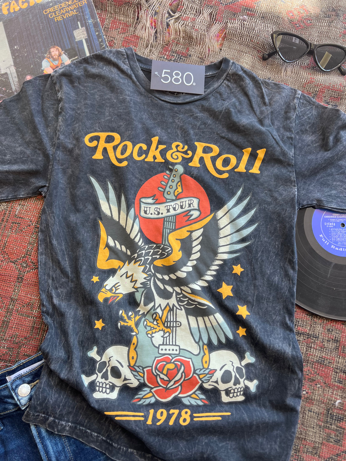 Rock & Roll Eagle Tattoo Black Mineral Wash Graphic Tee