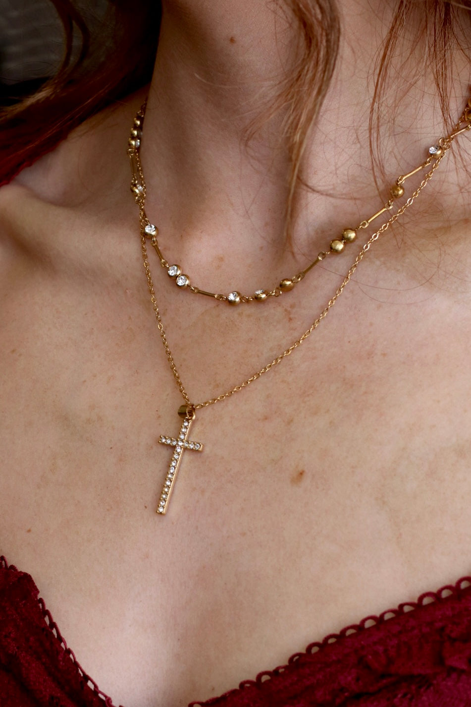 Gold Cross Two Tier Necklace
