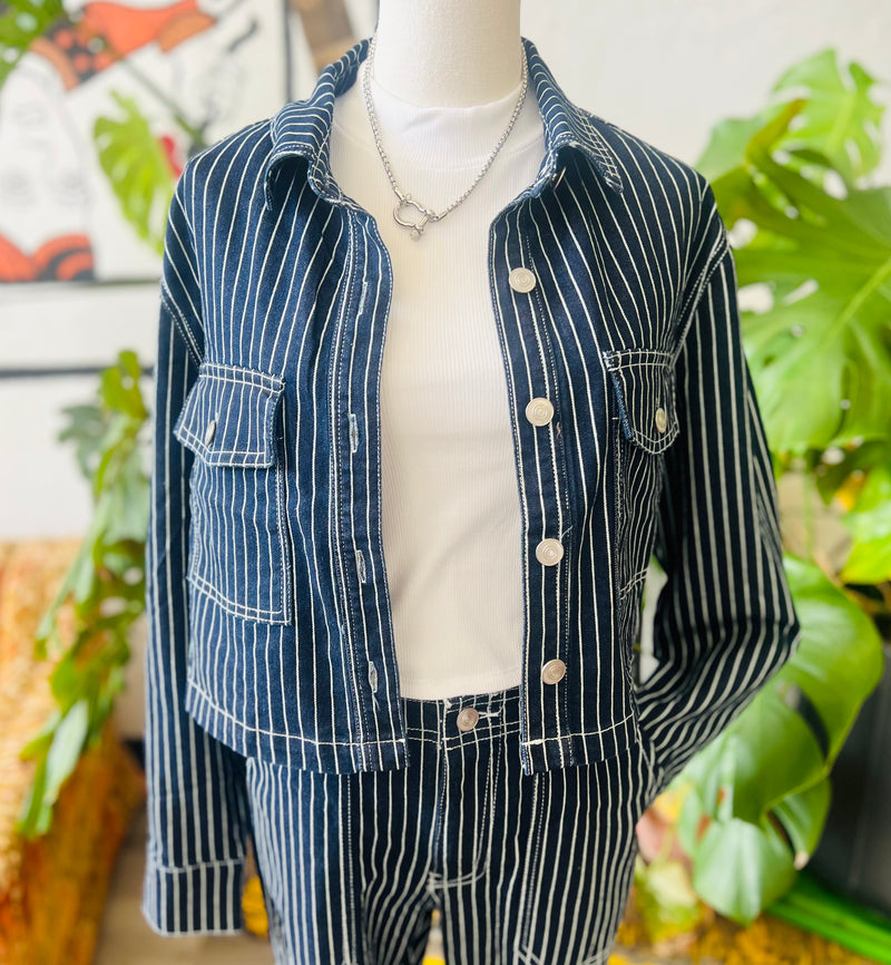 Navy Pinstripe Cropped Denim Jacket