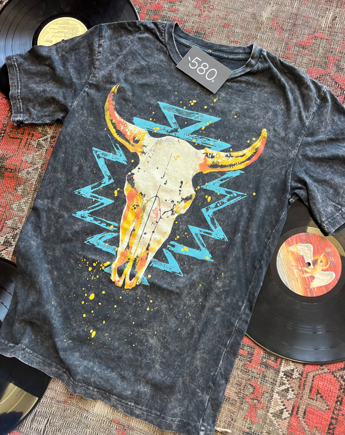 Black Mineral Wash Western Cow Skull Graphic Tee