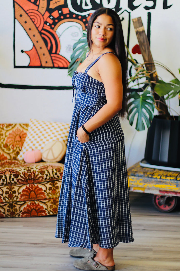 Navy Plaid Corset Midi Dress