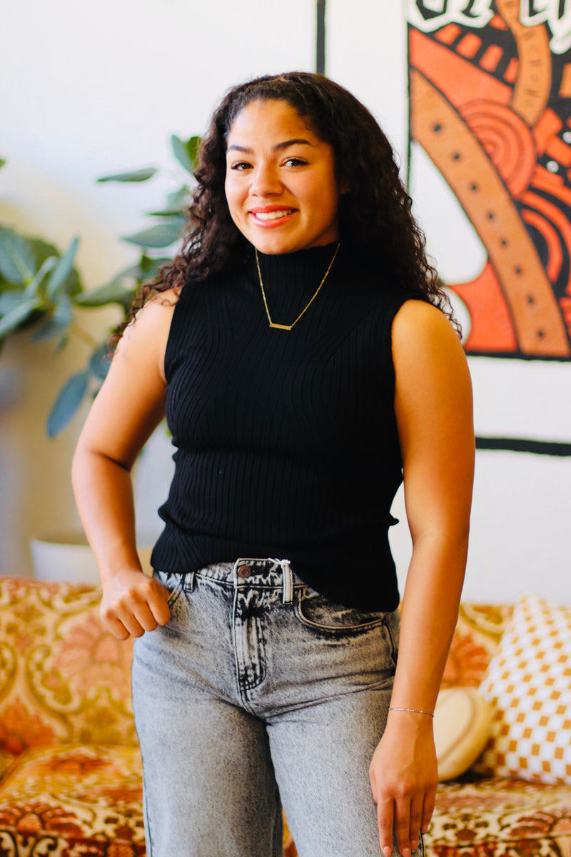 Sleeveless High Neck Ribbed Top + Black