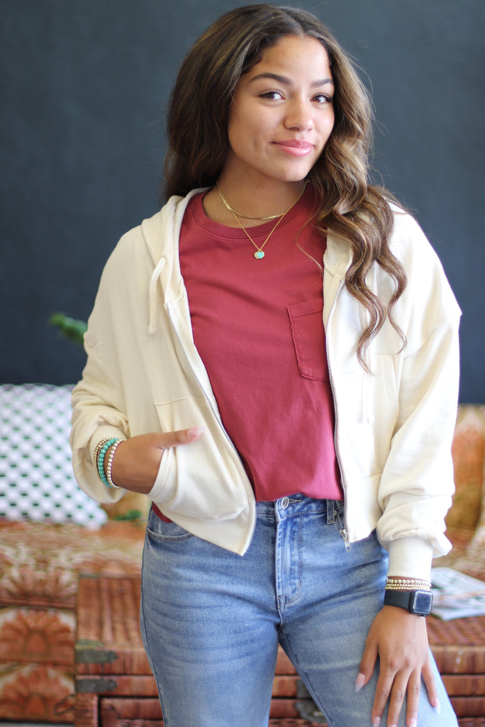 Casual Beige Zip Up Hoodie Jacket