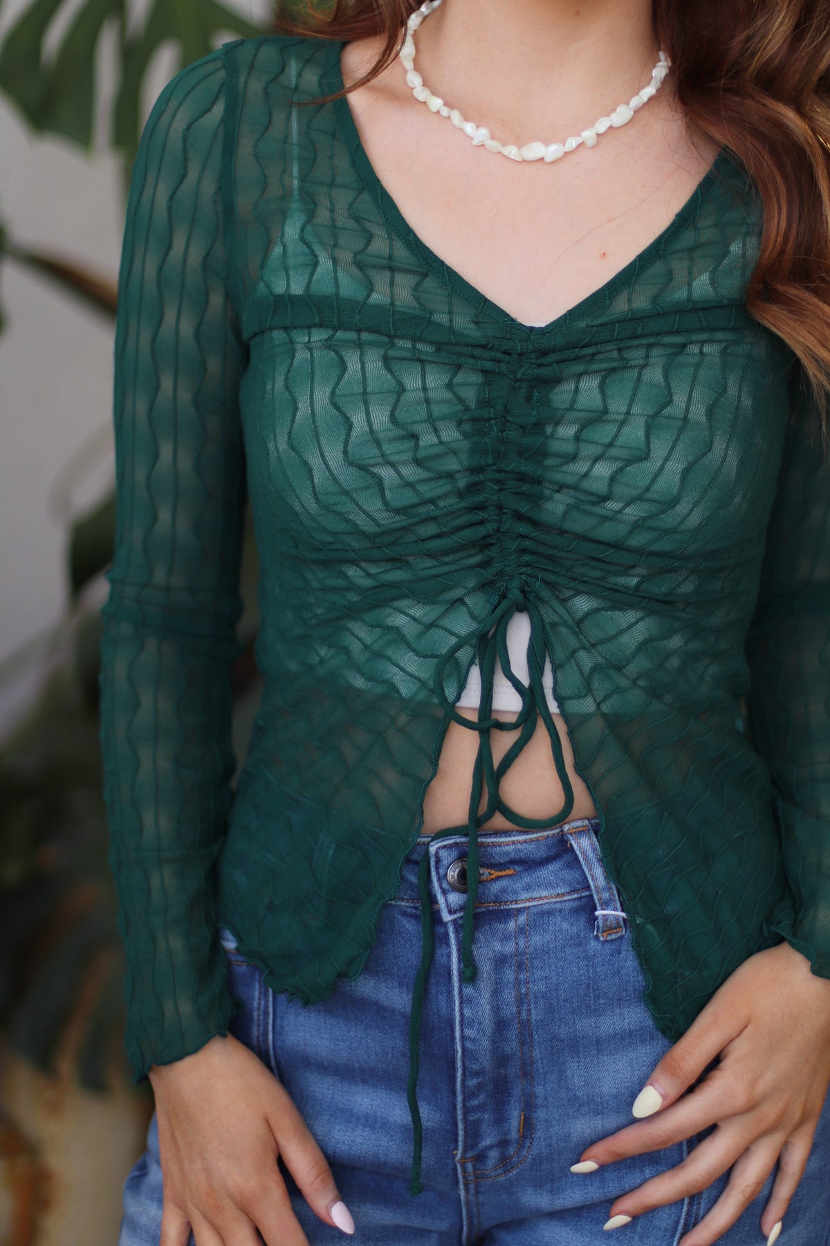 Green Sheer Cinched Front Flyaway Long Sleeve Top