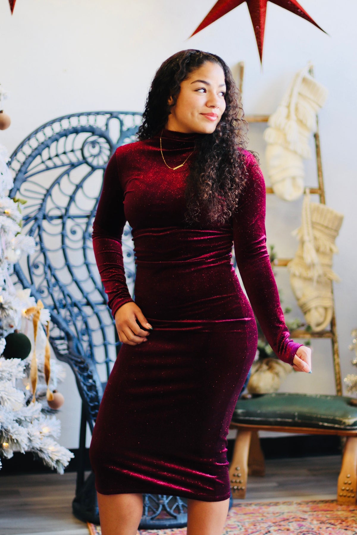 Glitter Velvet Midi Dress + Burgundy