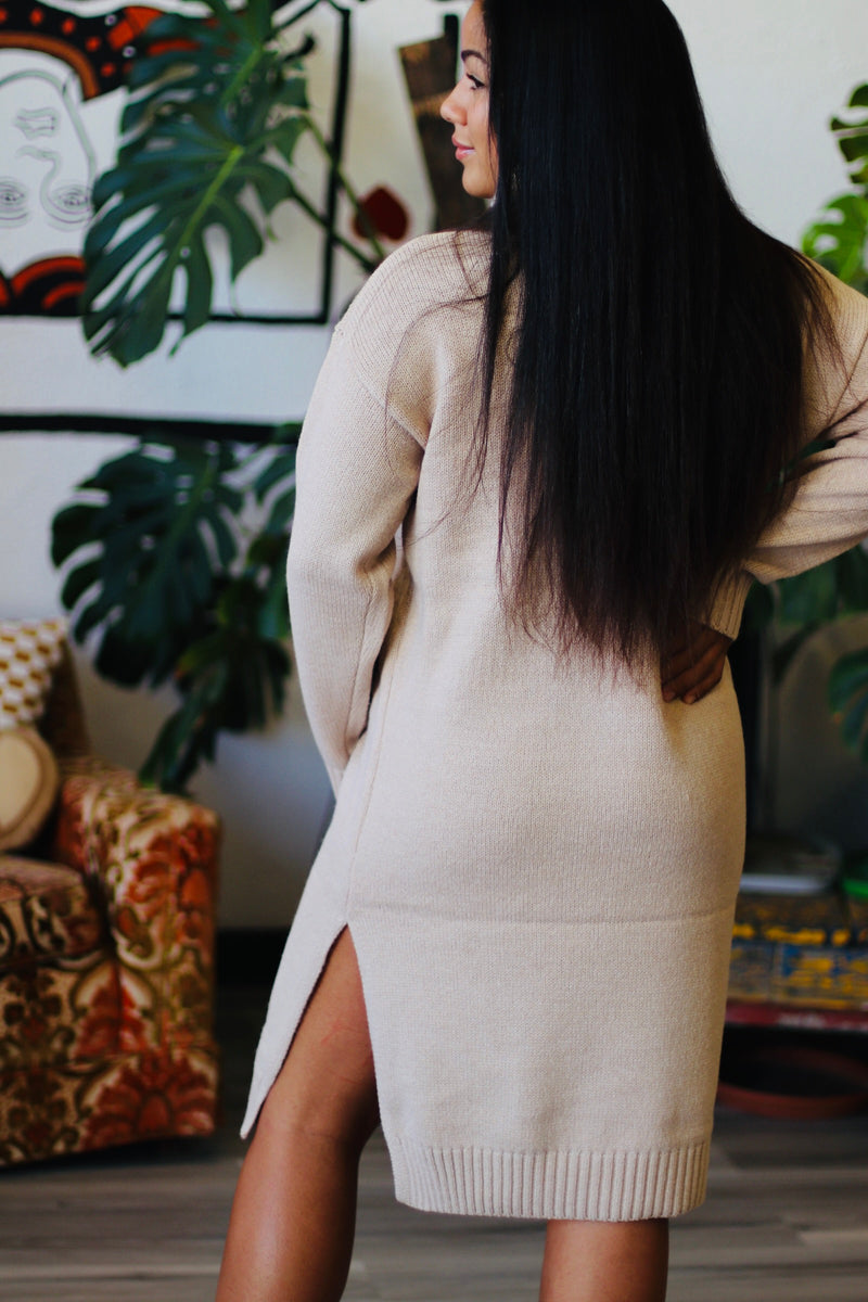 Turtle Neck Midi Dress + Beige