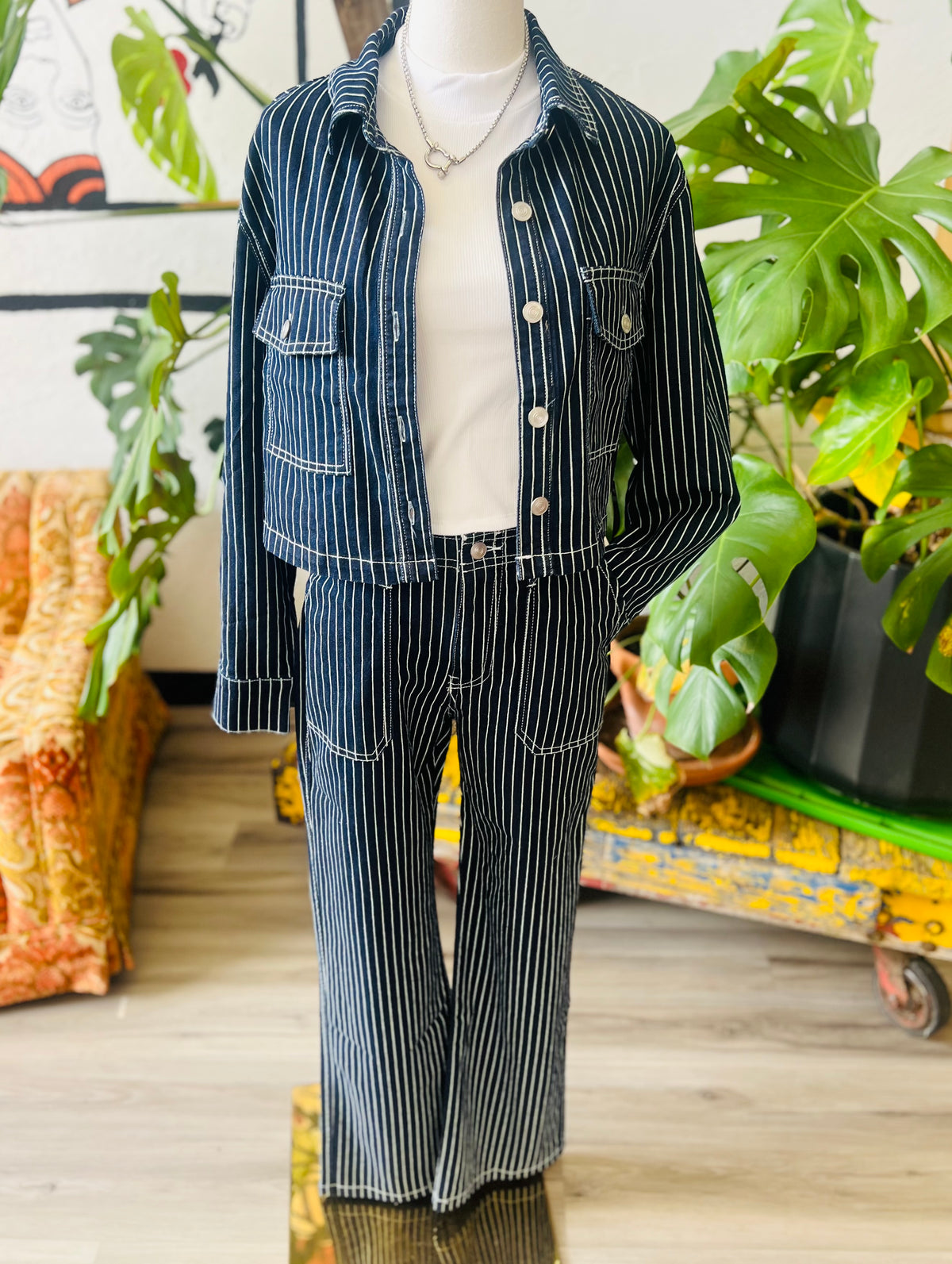 Navy Pinstripe Cropped Denim Jacket