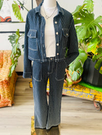 Navy Pinstripe Cropped Denim Jacket