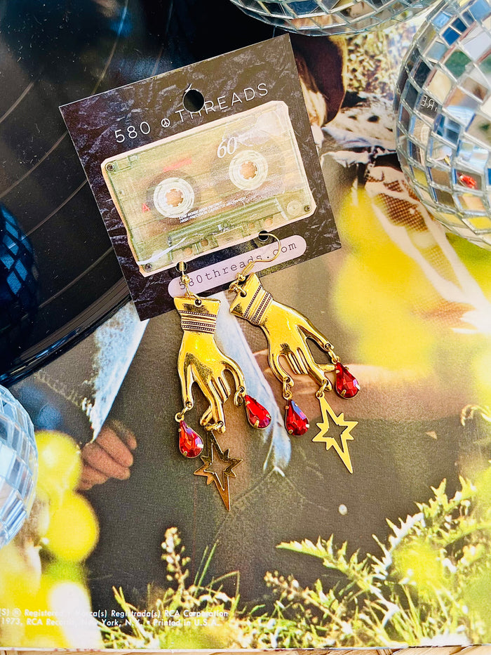 Gold Hand Earrings w/ Red Stones