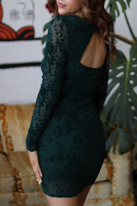 Green Long Sleeve Flocked Mesh Mini Dress w/ Cutout