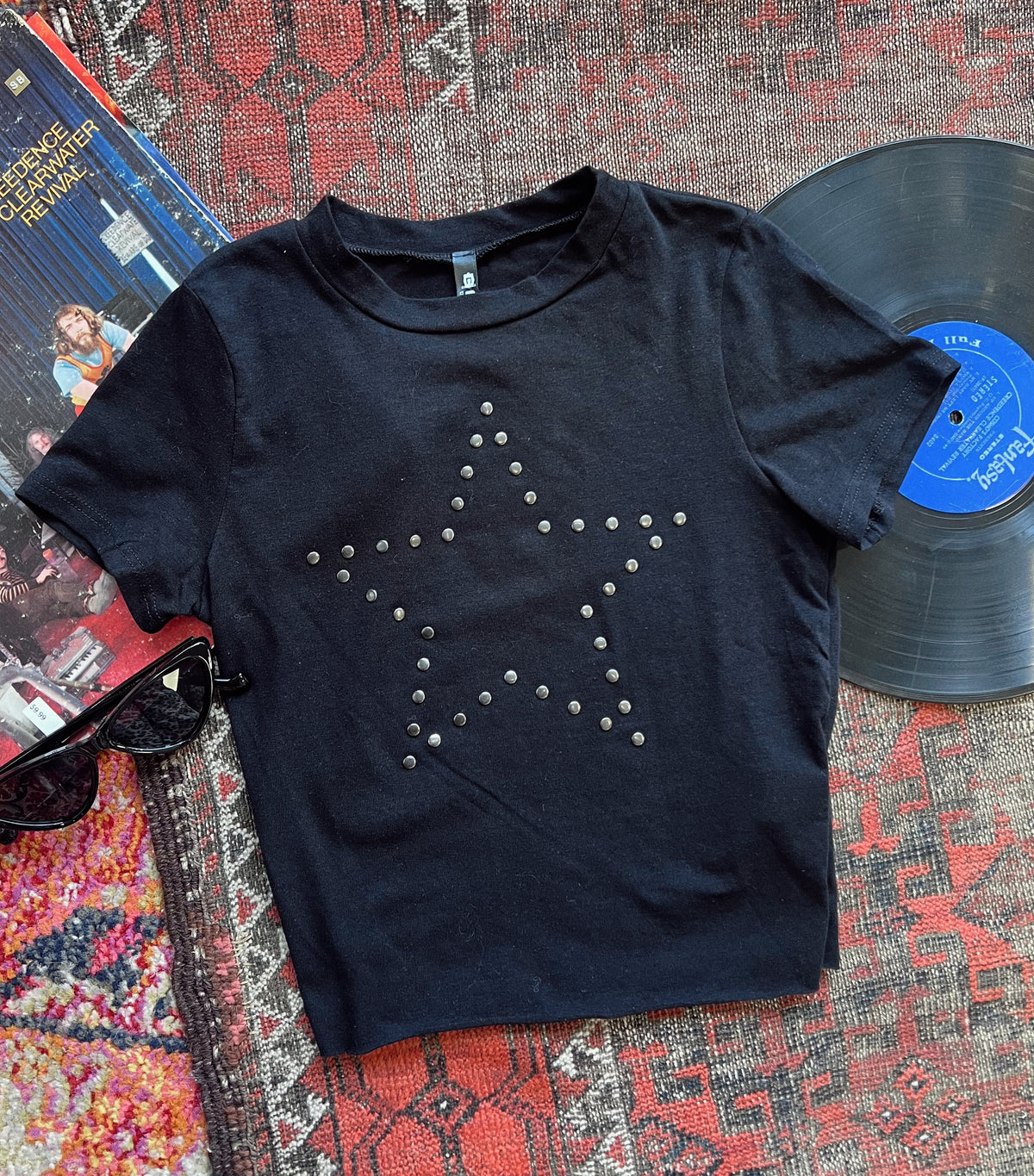 Star Studded Cropped Black Tee