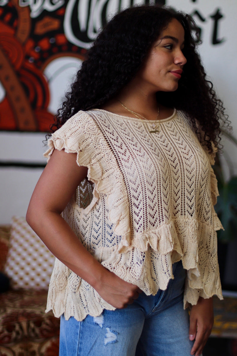 Oversized Pointelle Flutter Sleeve Top