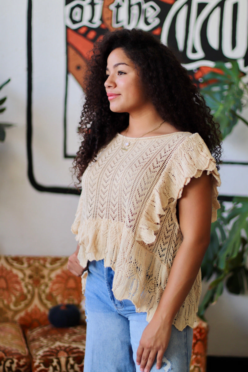 Oversized Pointelle Flutter Sleeve Top