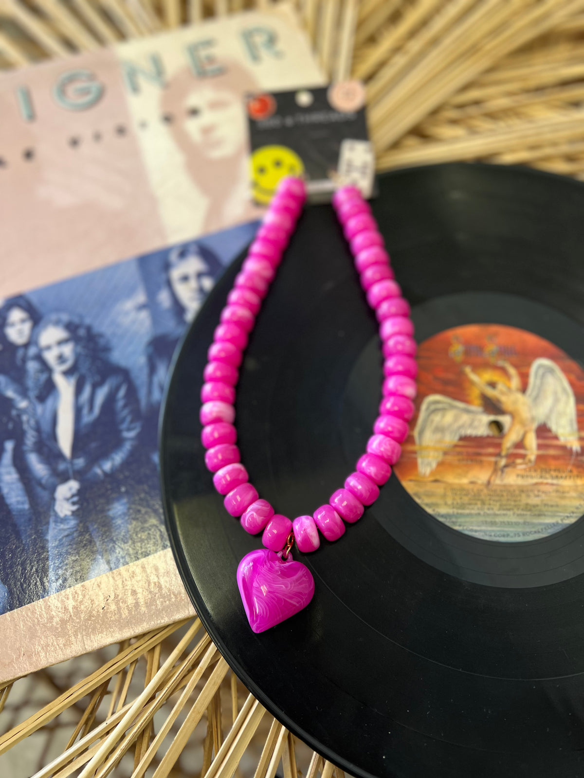 Pink Heart Pendant Resin Beaded Necklace
