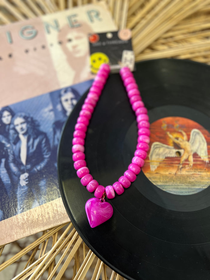 Pink Heart Pendant Resin Beaded Necklace