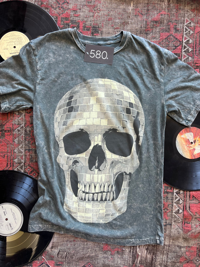 Stone Gray Mineral Wash Disco Ball Skull Graphic Tee