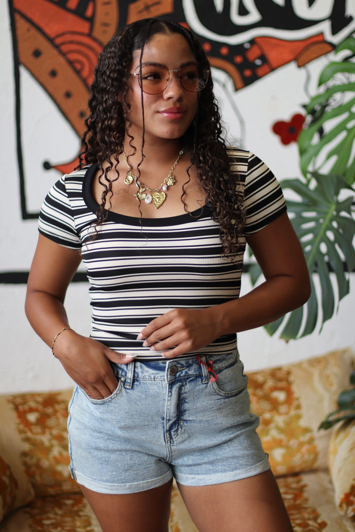 Elena B&W Striped Scoop Neck Fitted Top