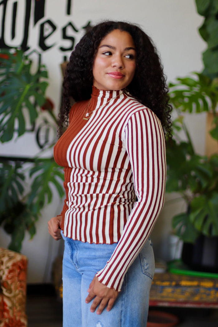 Striped Knit Long Sleeve Top in Rust