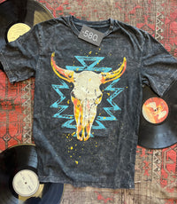 Black Mineral Wash Western Cow Skull Graphic Tee