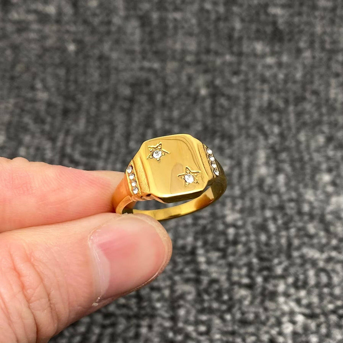Inlaid CZ Flat Signet 18K Gold Plated Star Ring