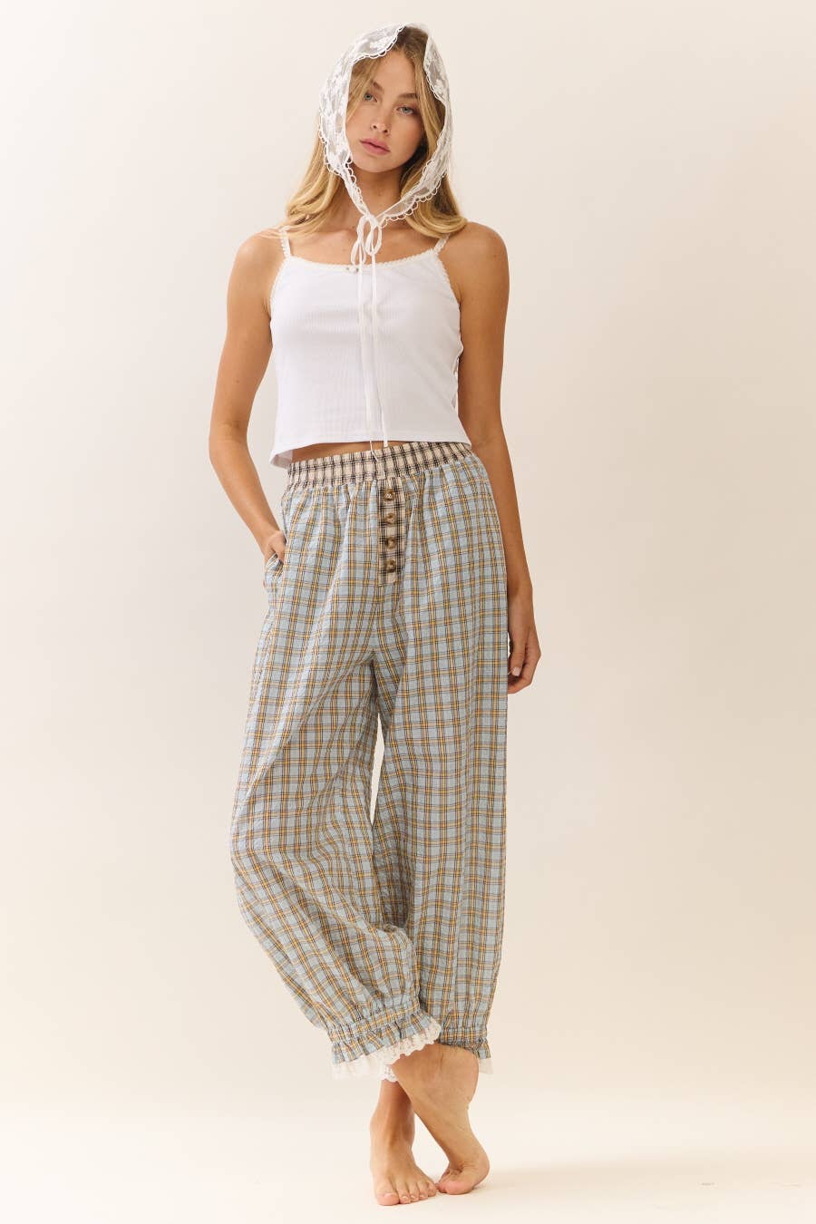 Mystic Plaid Balloon Pants W/ Ruffle Hem