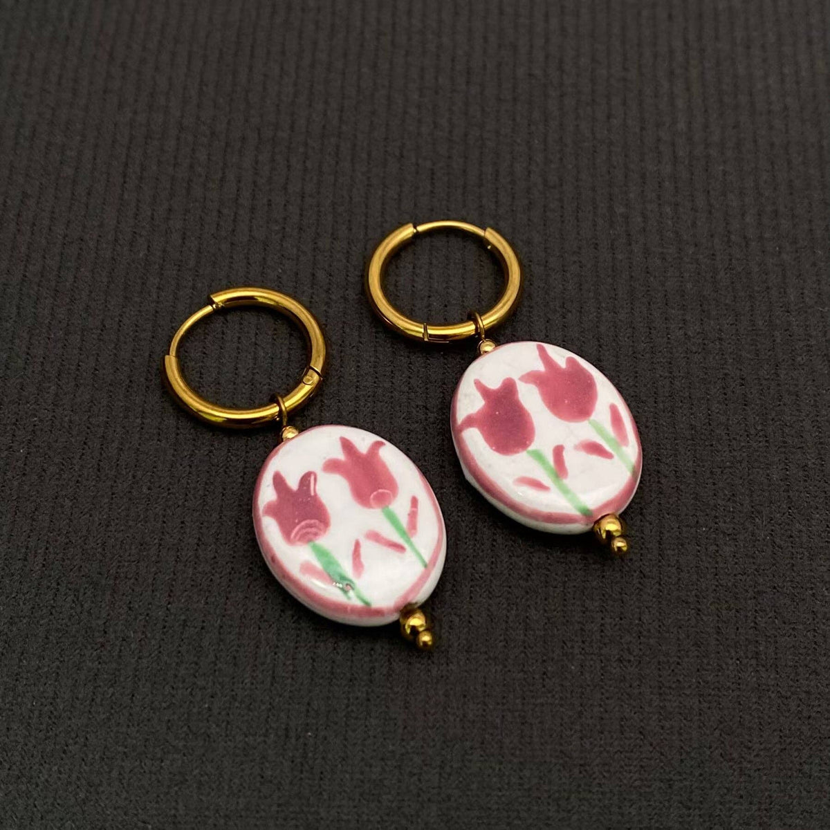 Ceramic Floral 18K GP Huggie Earrings + Purple