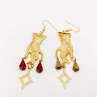 Gold Hand Earrings w/ Red Stones