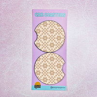 Neutral Checkered Daisy Pattern Car Coaster Set of 2