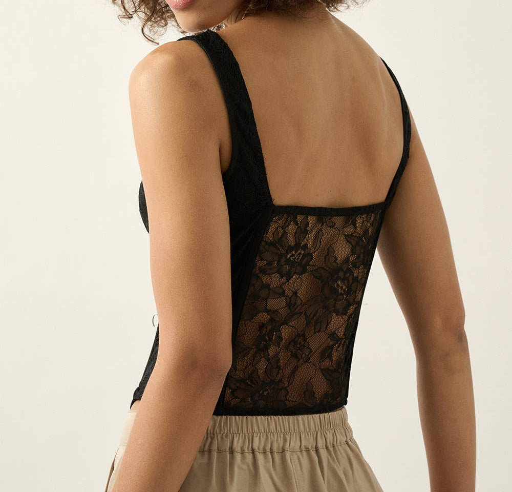 Katie Black Floral Lace Corset Bodice Tank Top