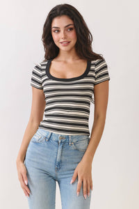 Elena B&W Striped Scoop Neck Fitted Top