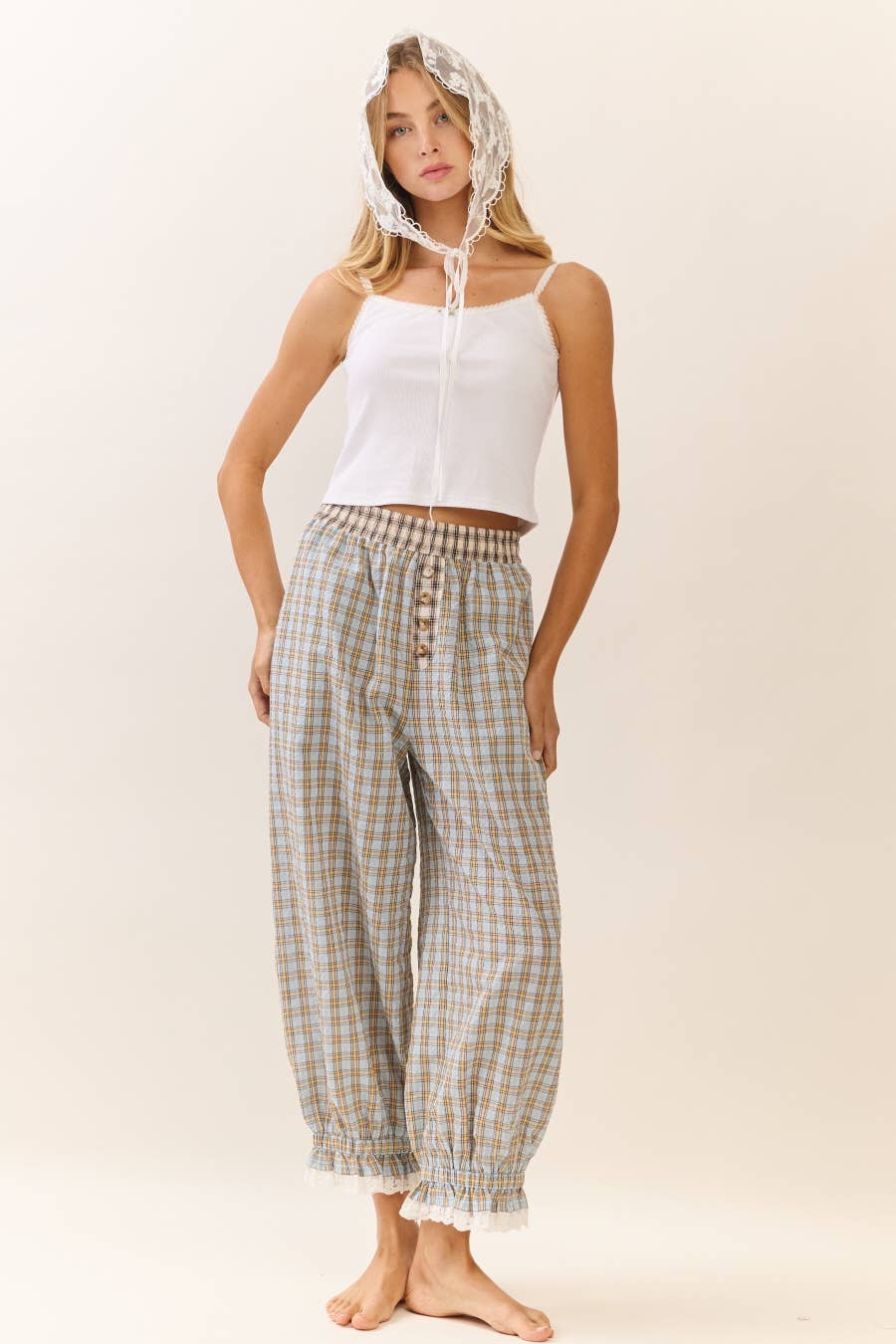 Mystic Plaid Balloon Pants W/ Ruffle Hem