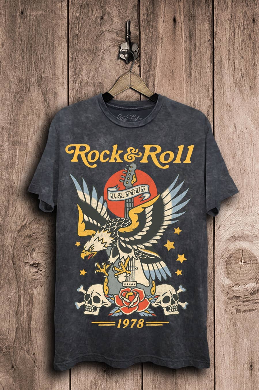 Rock & Roll Eagle Tattoo Black Mineral Wash Graphic Tee