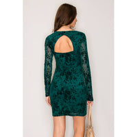 Green Long Sleeve Flocked Mesh Mini Dress w/ Cutout