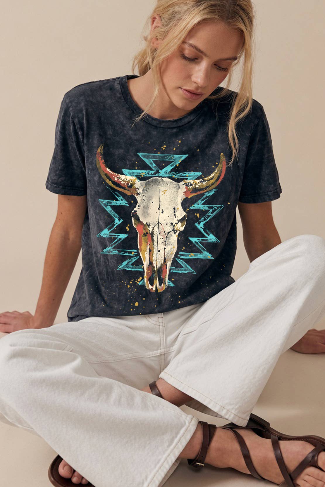 Black Mineral Wash Western Cow Skull Graphic Tee