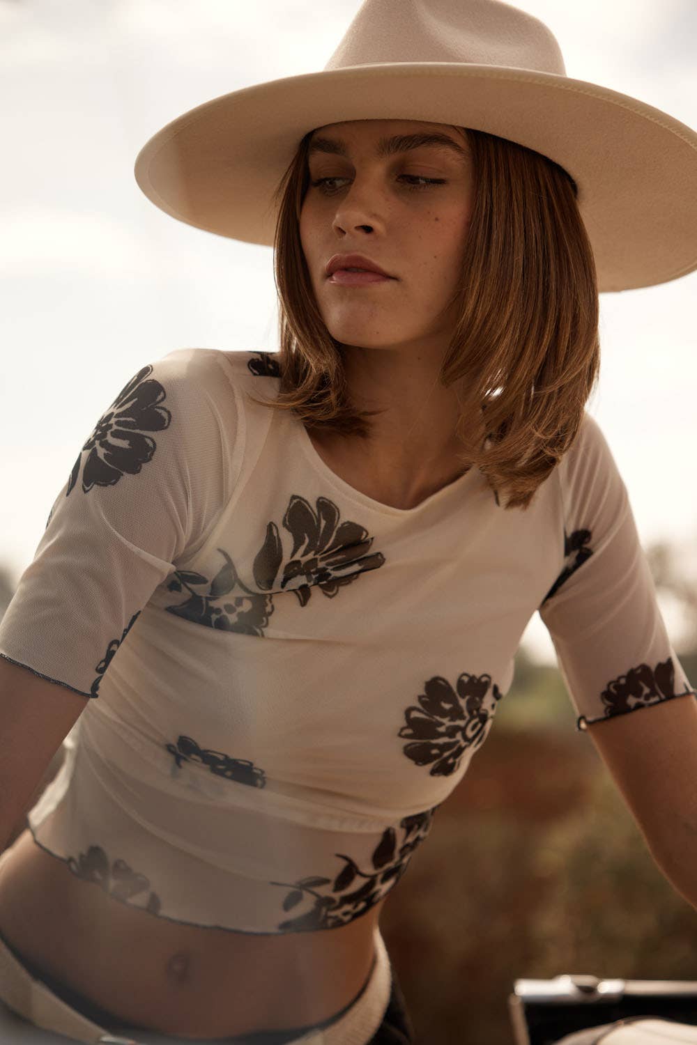 Tuscan Sun Cream Floral Mesh Ruched Cropped Top