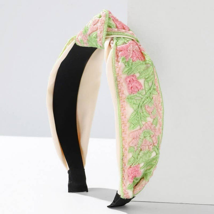 Pink & Green Floral Crochet Headband